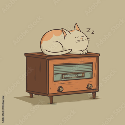 Cute cat sleeping on vintage radio, cozy cartoon illustration with retro vibes and peaceful mood in warm earthy tones
