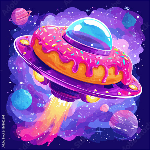 Colorful donut-shaped UFO flying through galaxy, vibrant fantasy space illustration blending dessert and science fiction in a whimsical cosmic scene