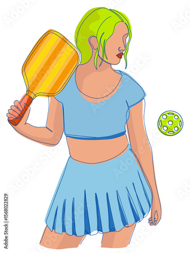 Vector illustration of woman pickleball player in blue dress holding  paddle. Ideal for use in sports themed posters and promotional materials
