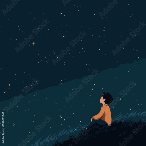 Child sitting on grassy hill gazing at starry night sky, peaceful stargazing illustration with wonder and imagination, quiet cosmic scene