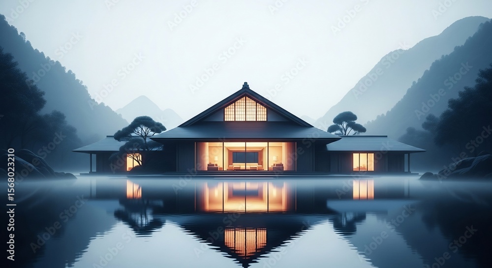 Fototapeta premium Tranquil Japanese House Reflection on Lake