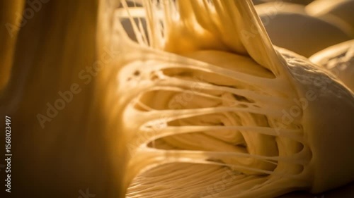 Doughy Delight: Stretched and Layered Dough Balls in a Golden Light, Baking Preparation