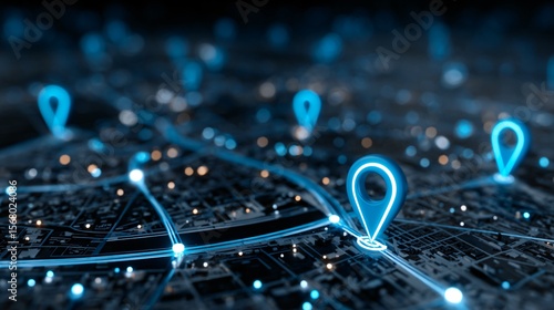 Smart City GPS Network with Glowing Location Pins
