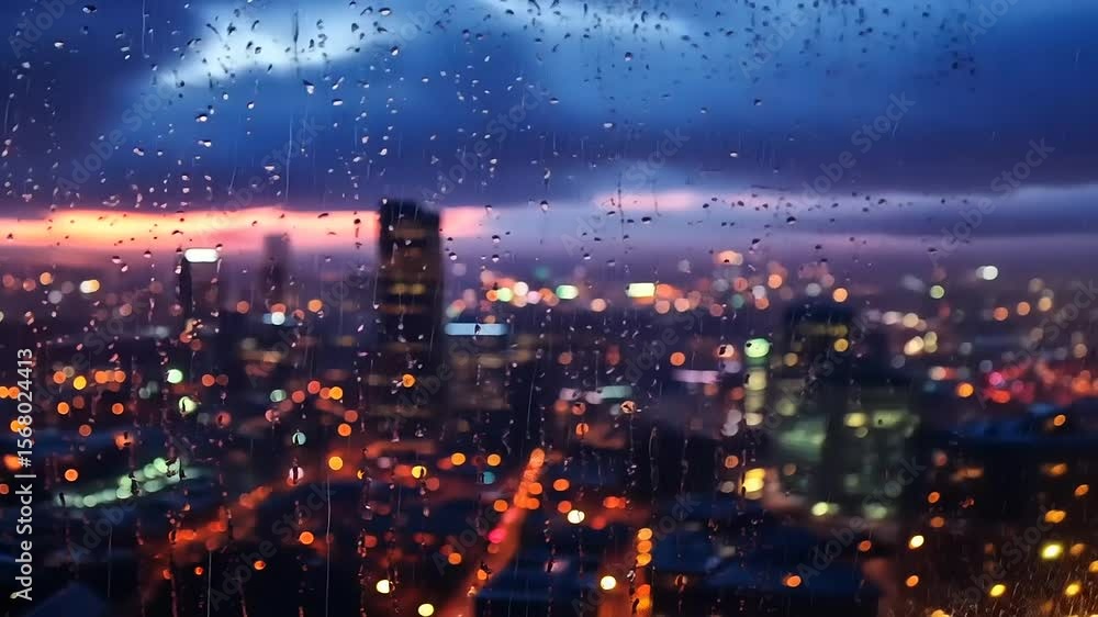Rainy city lights through window Rainy city lights through window
