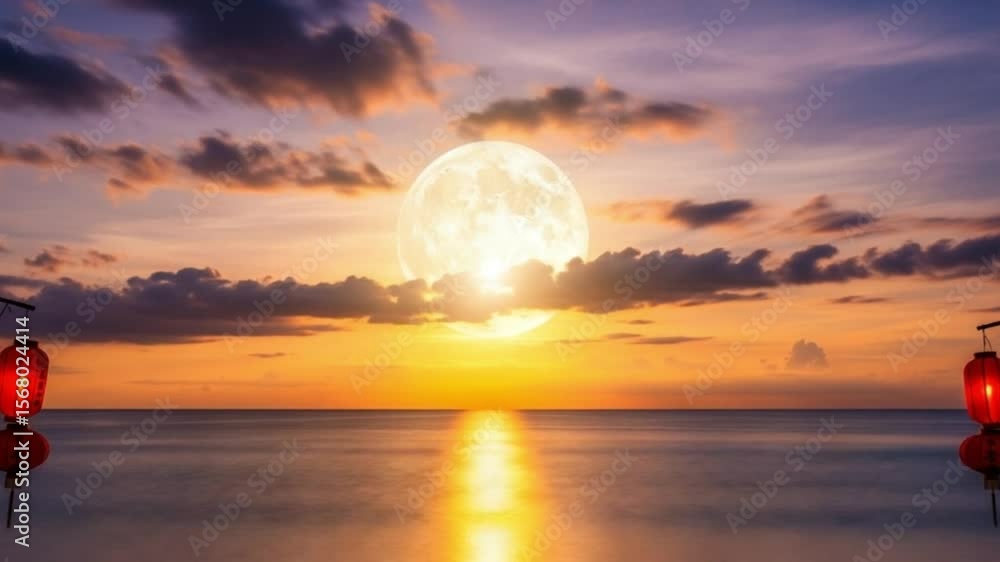 Beautiful moon rising over ocean sunset with red lanterns and serene water 4K Ai HD video.
Beautiful moon rising over ocean sunset with red lanterns and serene water 4K Ai HD video.