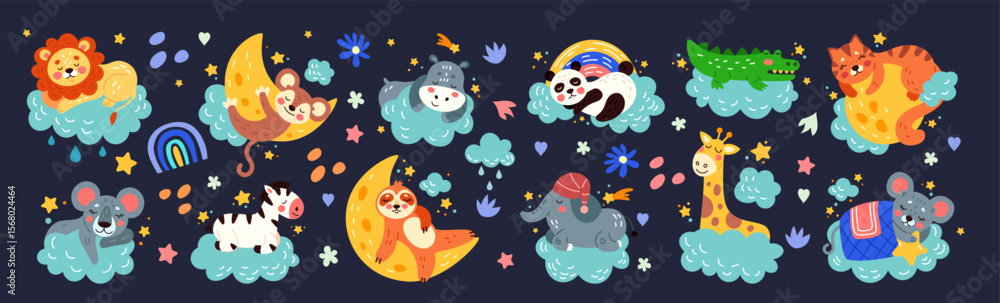 Obraz premium Cute animal sleeping. Baby dream pattern. Cartoon kid lion and hippo. Sweet koala on moon. Sloth in hammock on cloud. Sleepy elephant on star. Children illustrations set. Vector childish tidy drawing