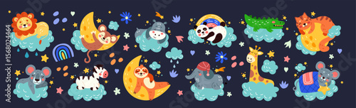 Cute animal sleeping. Baby dream pattern. Cartoon kid lion and hippo. Sweet koala on moon. Sloth in hammock on cloud. Sleepy elephant on star. Children illustrations set. Vector childish tidy drawing