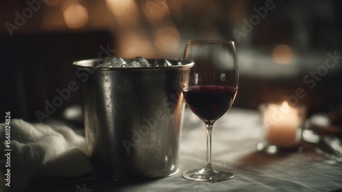 Wallpaper Mural A cozy candlelit table setting with a chilled wine bucket and glass of red wine Torontodigital.ca