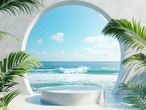 high resolution image of 3d render podium with tropical beach background product display presentation scene with summer sea ocean waves and palm leaves high detail 8k