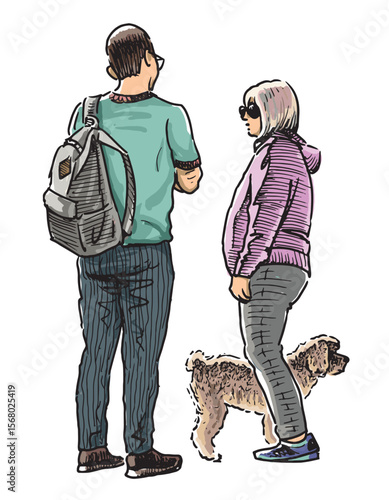 Couple casual modern city dwellers with dog standing and talking outdoors, realistic hand drawn vector illustration isolated on white background