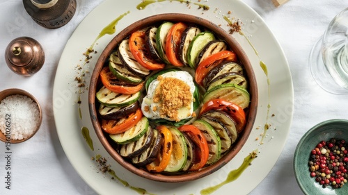Grilled vegetable tian with beautifully arranged eggplant, zucchini and red peppers in terracotta dish, overhead view with olive oil drizzle on white plate