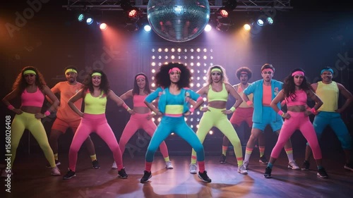 Energetic group aerobics dance in bright eighties costumes under disco ball lighting, upbeat and fun