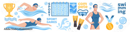 Swimmer sport competition. Abstract swim training. Summer pool. Athletic motion. Water action. Event swimwear. Tournament win award. Goggles and fins. Championship background. Vector garish design