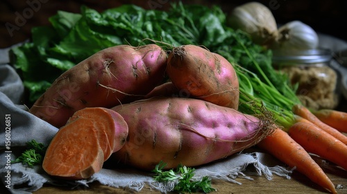 Harvesting fresh sweet potatoes and carrots farm kitchen food photography rustic setting close-up organic produce