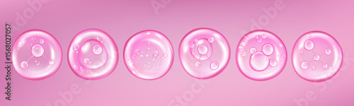 Skin drop. Water serum pink. 3D collagen cell in cosmetic background. Molecular atom care for body treatment. Gel structure. Oil on droplet. Hydration essence. Vector liquid composition elements set