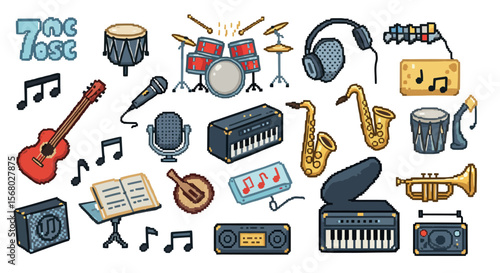 Retro gaming style music icons and instruments array in pixel art theme