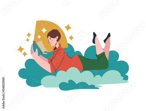 Woman read book. Happy girl lying on cloud. Clever character imagination, inspiration literature. Symbol school education and college knowledge. Vector cartoon flat style isolated illustration