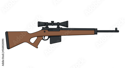 Detailed flat design sniper rifle with scope on white background