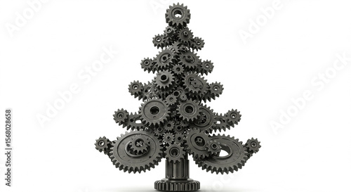 An innovative holiday tree composed entirely of various metallic gears showcases industrial design and engineering creativity.