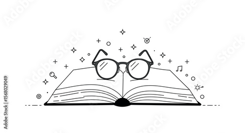Open book with glasses and magical elements in minimalist linear style