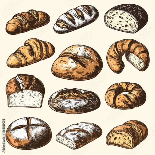 Vintage hand-drawn bread illustration set with loaves, croissants, rolls, and sliced bread in rustic bakery sketch style