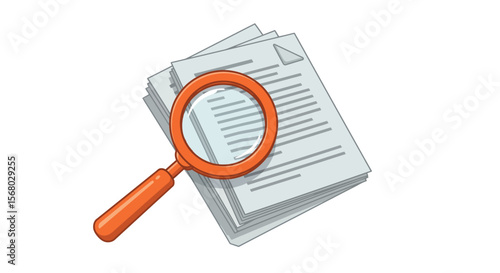 Magnifying glass and document stack vector illustration for research and analysis designs