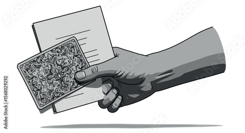 Monochrome hand holding playing card and book with shadow