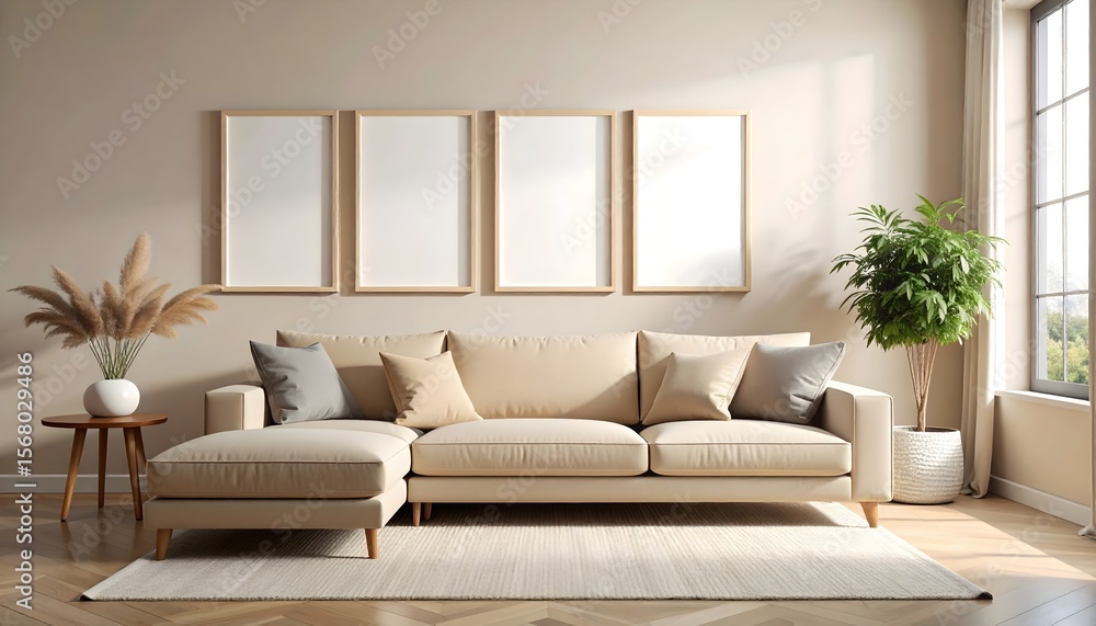 Fototapeta premium Soft Beige Gallery Setup Above Lounge with 4 framed pictures mockup. Blank Poster Framed Mockup
