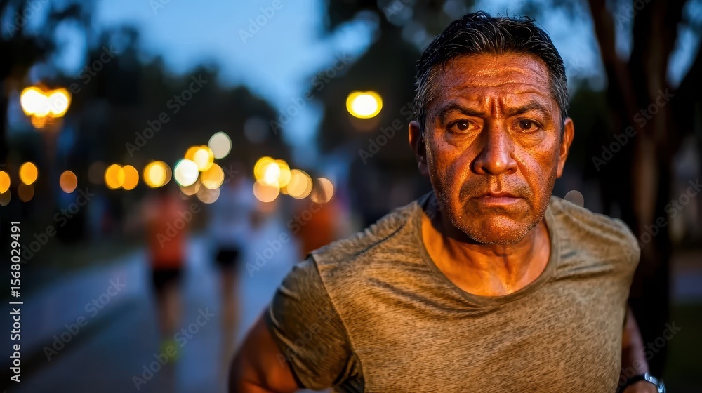 Obraz premium Evening jog fitness workout of middle-aged Hispanic man with intense expression and sweat in urban park with bokeh street lights at dusk