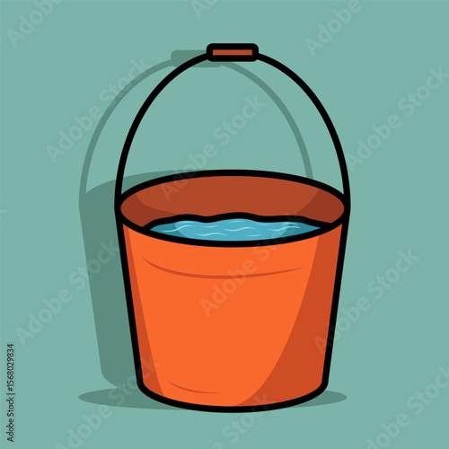 Bucket filled with water on green background, cartoon style
