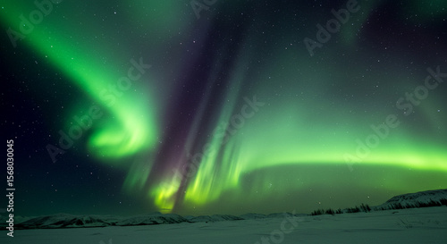 Wallpaper Mural Spectacular green and purple aurora streams glow brightly over a serene, snow-covered arctic plain at night. Torontodigital.ca