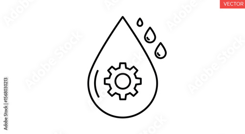 Water drop with gear inside and small drops, symbolizing innovation and technology