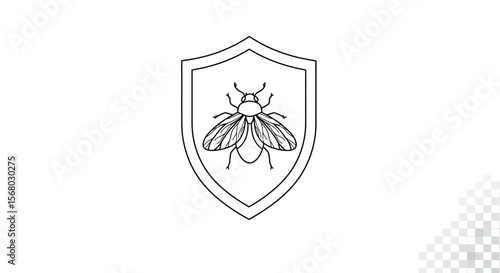 Insect protection emblem: minimalist shield with fly outline on transparent background