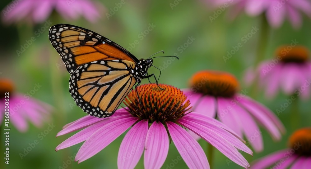 Obraz premium Monarch Butterfly on Pink Coneflower in a Colorful Garden Setting