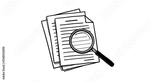 Hand drawn vector illustration of magnifying glass and documents for research and analysis design
