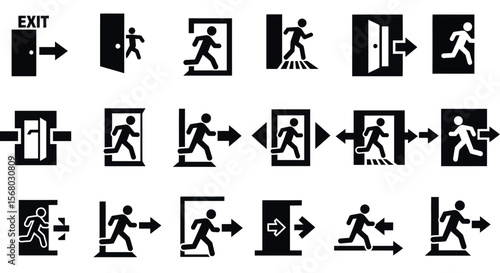 Emergency exit icons set featuring running figures and door arrows in black silhouette style
