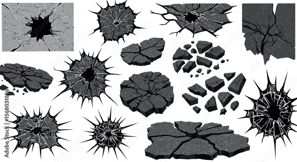 Vector illustration of cracked and broken asphalt elements for design and decoration