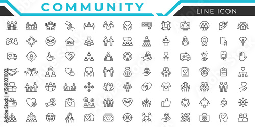 Community line icon set. Containg people, globe, home, heart Vector illustration isolated on white.