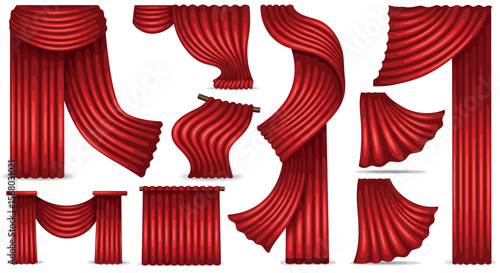Elegant red curtains set: luxurious drapery designs on white background