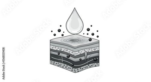 Monochrome illustration of soil layers with water drop and nutrient particles