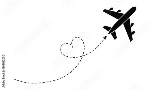 Airplane Flying with Dotted Heart Path, Airline Route on Transparent Background