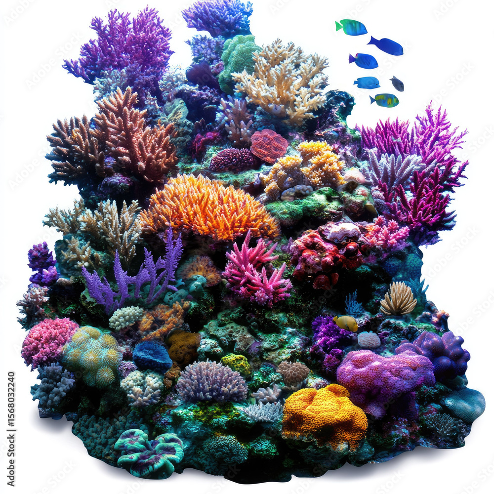 Fototapeta premium Colorful coral reef cluster with tropical fish swimming nearby