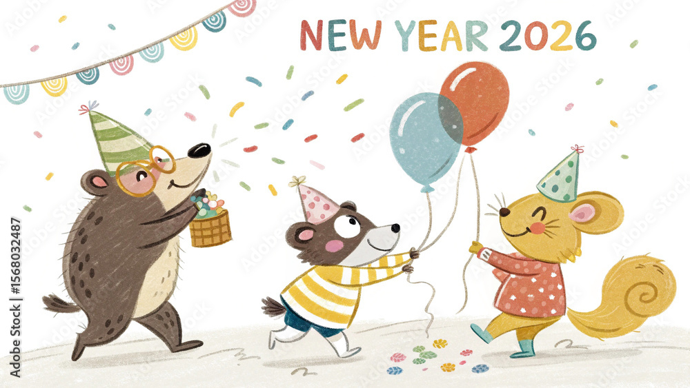 Fototapeta premium Three adorable cartoon animals celebrate new year 2026 with balloons and confetti