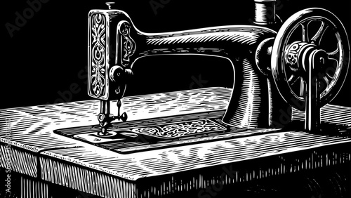 A vintage sewing machine with hand crank, great for fashion history content or retro tailoring concepts vector a black and white line art illustration