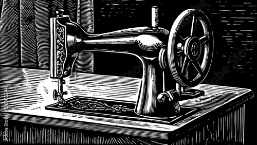 A vintage sewing machine with hand crank, great for fashion history content or retro tailoring concepts vector a black and white line art illustration