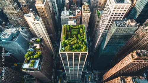 A bird's-eye view of New York City skyline with green roofs on buildings