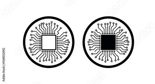 Minimalist circuit board icon set: circle design with linear and solid styles