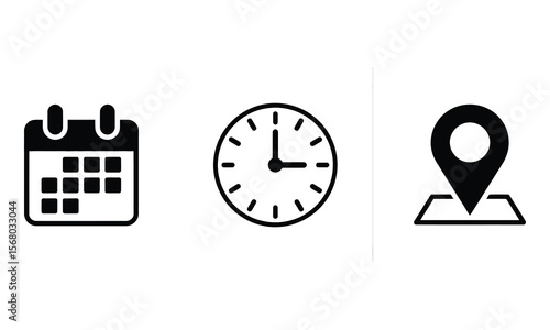 Calendar, Clock, Location Pin Isolated on White Background Time and Place Icons