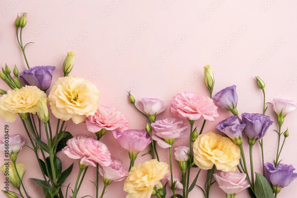 Obraz premium Beautiful pink and yellow carnations on pastel pink background