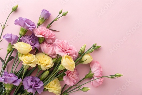 Beautiful pink and yellow carnations on pastel pink background